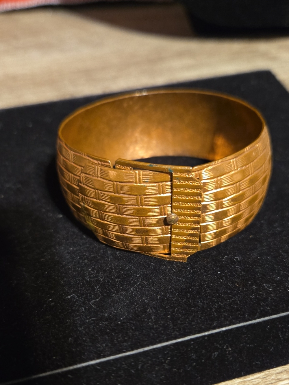Vintage Solid Copper Wide Basketweave Belt Buckle Bangle Bracelet Mid-Century